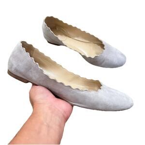 Chloe Lauren Gray Ballerina Ballet Flats Size 39 Suede Leather Scalloped Trim
